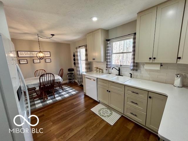 kitchen with backsplash, dishwasher, light countertops, dark wood-style floors, and a sink