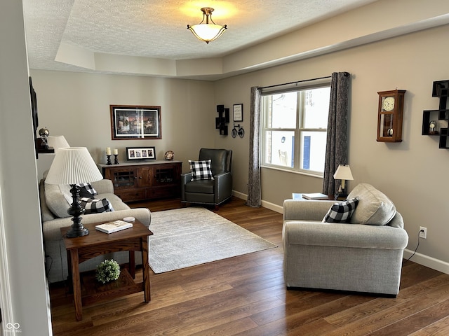 living room featuring baseboards, a textured ceiling, and wood finished floors