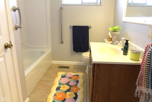 full bath featuring visible vents, toilet, tile patterned flooring, baseboards, and vanity