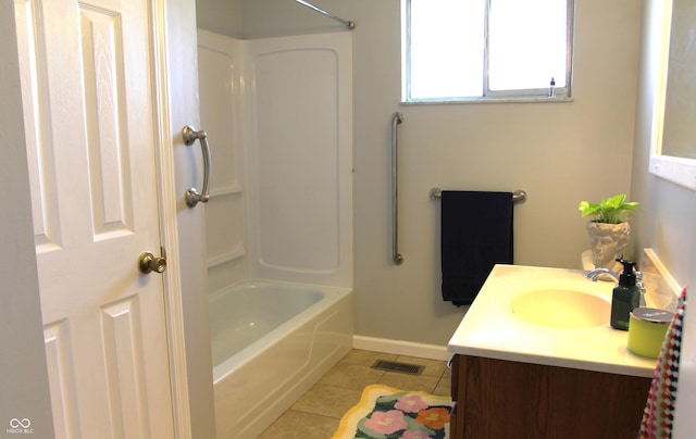 bathroom featuring vanity, visible vents, baseboards,  shower combination, and tile patterned flooring