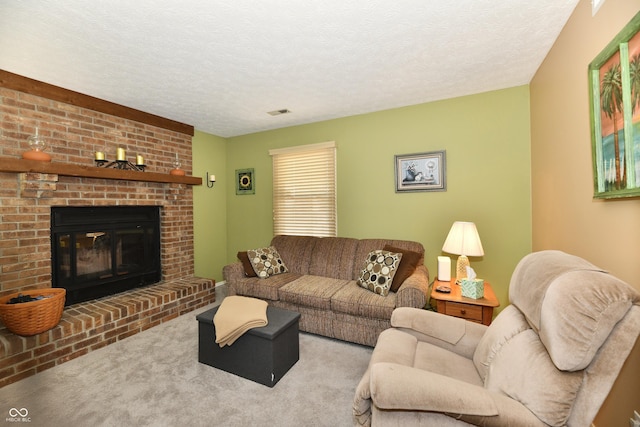 carpeted living area featuring a fireplace, visible vents, and a textured ceiling