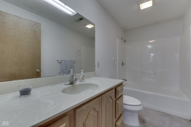 bathroom featuring visible vents, toilet, vanity, and shower / bathing tub combination