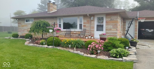 ranch-style house featuring a porch, a front lawn, an attached garage, and stone siding