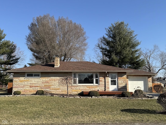 single story home featuring a garage, stone siding, a chimney, and a front lawn