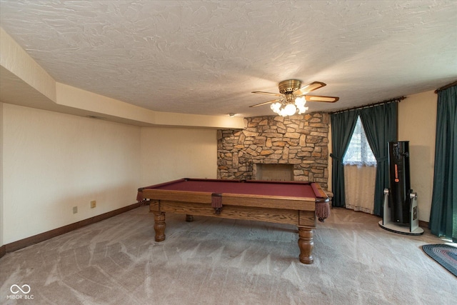 game room with carpet flooring, billiards, a textured ceiling, and a ceiling fan