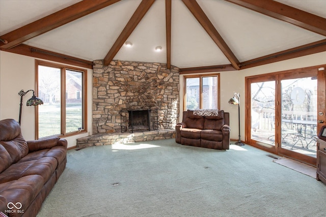 carpeted living room featuring visible vents, beam ceiling, high vaulted ceiling, and a fireplace