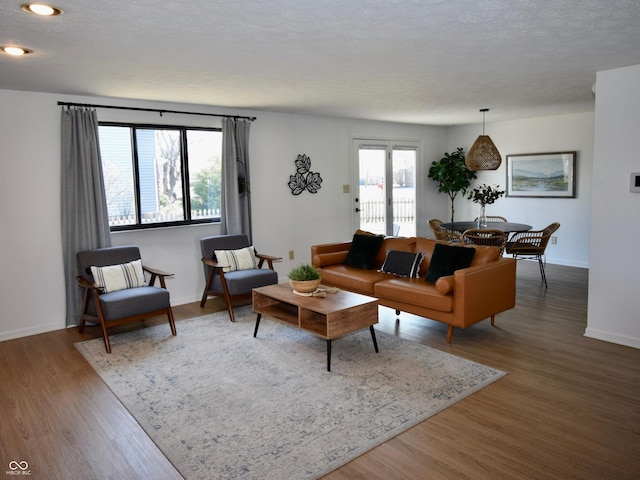 living room with baseboards, plenty of natural light, a textured ceiling, and wood finished floors