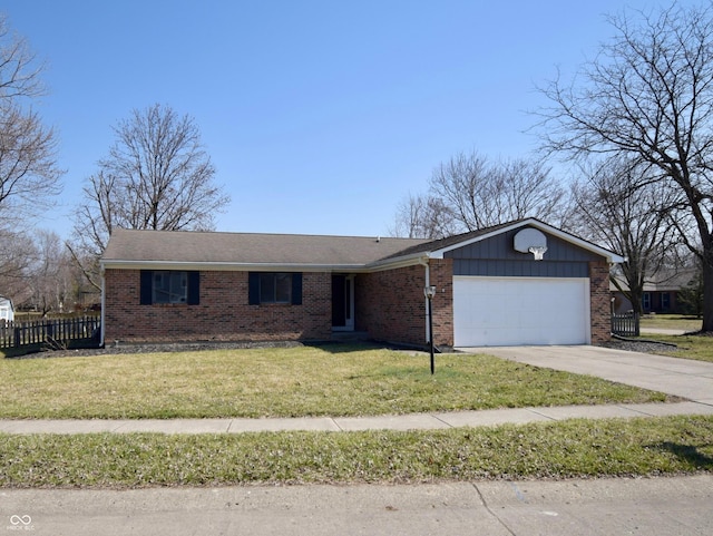 ranch-style house featuring driveway, brick siding, a front yard, and fence