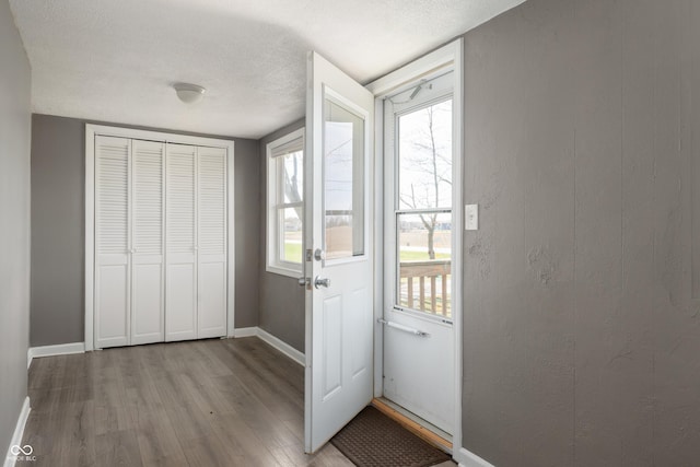 entryway featuring plenty of natural light, baseboards, light wood finished floors, and a textured ceiling