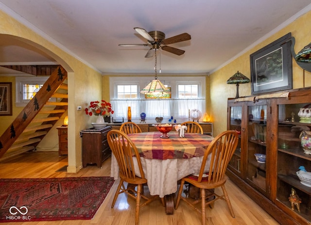 dining space with light wood finished floors, arched walkways, a ceiling fan, and ornamental molding