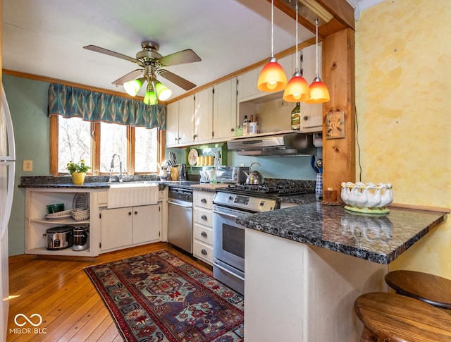 kitchen featuring open shelves, under cabinet range hood, light wood-style flooring, stainless steel appliances, and a sink