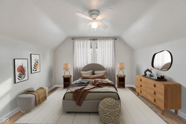 bedroom featuring vaulted ceiling, light wood-style flooring, baseboards, and ceiling fan