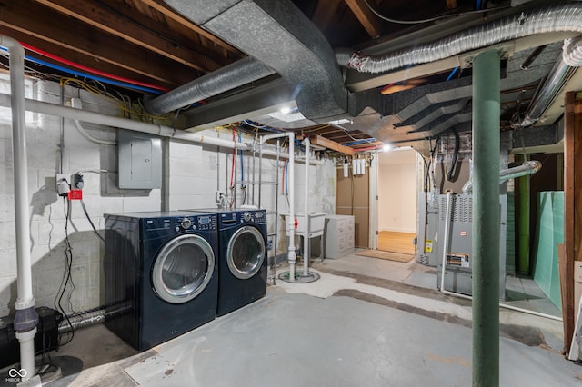 unfinished basement with electric panel and separate washer and dryer