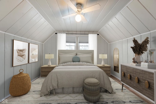 bedroom with wooden ceiling, a ceiling fan, lofted ceiling, and wood finished floors