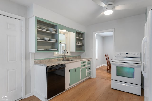 kitchen featuring light wood-type flooring, a sink, open shelves, white appliances, and light countertops