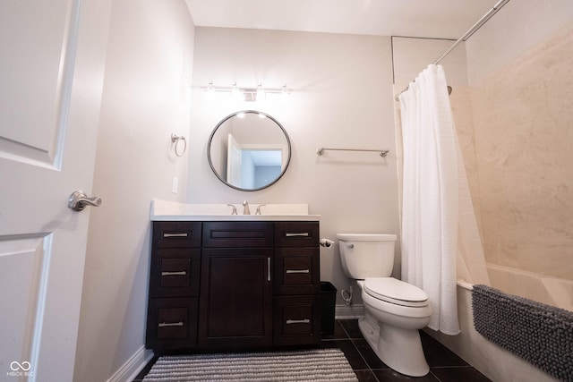 full bathroom featuring vanity, baseboards, tile patterned flooring, shower / tub combo, and toilet