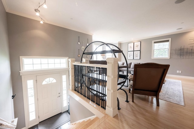 entrance foyer with crown molding, rail lighting, wood finished floors, and baseboards