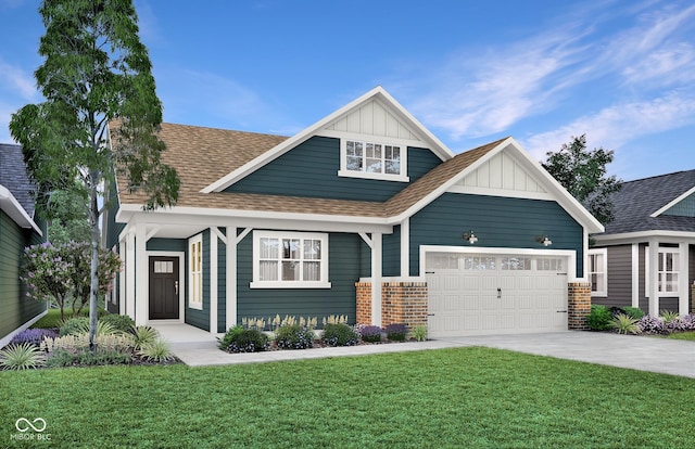 view of front of home featuring board and batten siding, a front lawn, concrete driveway, roof with shingles, and a garage