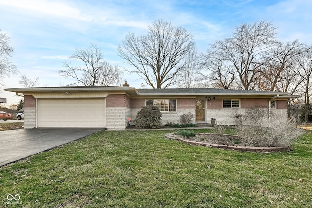 ranch-style house featuring brick siding, concrete driveway, a garage, and a front yard