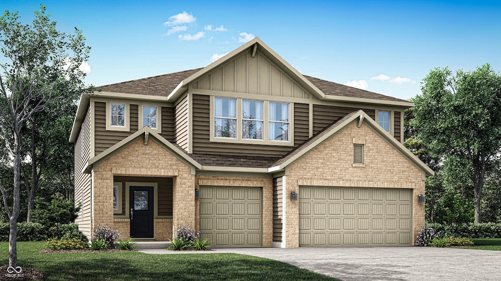 craftsman inspired home featuring board and batten siding, roof with shingles, concrete driveway, an attached garage, and brick siding