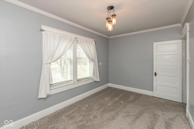 unfurnished room featuring baseboards, dark colored carpet, and ornamental molding