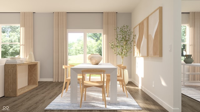 dining area featuring a healthy amount of sunlight, dark wood-type flooring, and baseboards