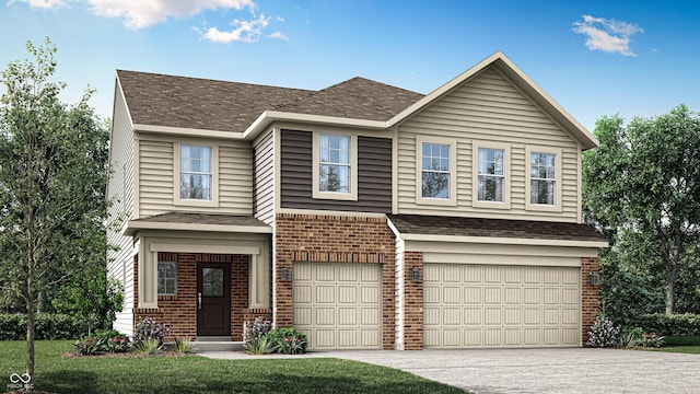 view of front facade with driveway, a shingled roof, a front lawn, a garage, and brick siding