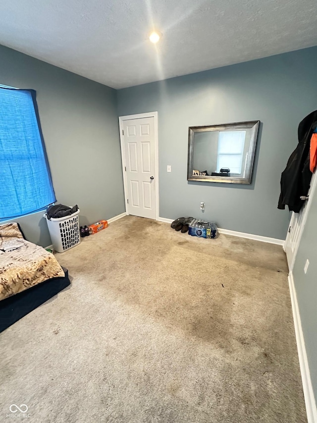 bedroom featuring a textured ceiling, baseboards, and carpet