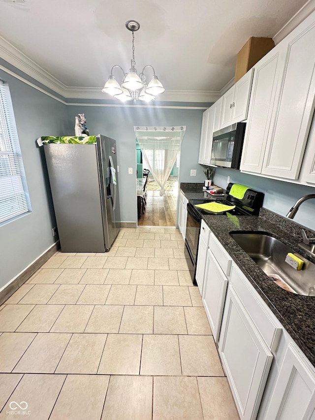 kitchen featuring a sink, appliances with stainless steel finishes, ornamental molding, and light tile patterned floors