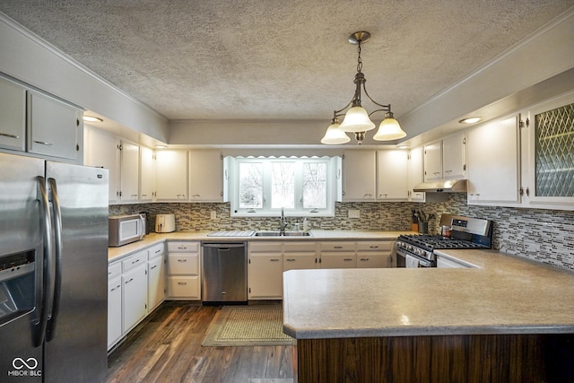 kitchen with a peninsula, a sink, stainless steel appliances, light countertops, and under cabinet range hood