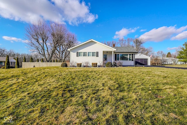 ranch-style home with a garage, a chimney, a front lawn, and fence