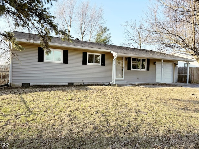 single story home with crawl space, an attached garage, and fence