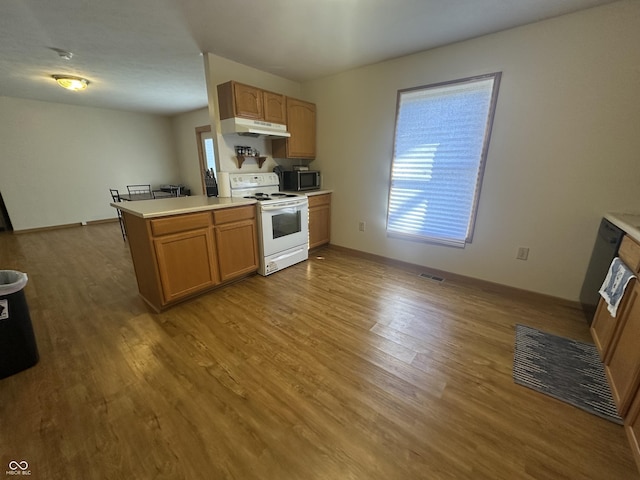 8 Gladiator Dr, Waynetown, IN 47990 - kitchen with stainless steel microwave, a healthy amount of sunlight, wood finished floors, and white range with electric stovetop