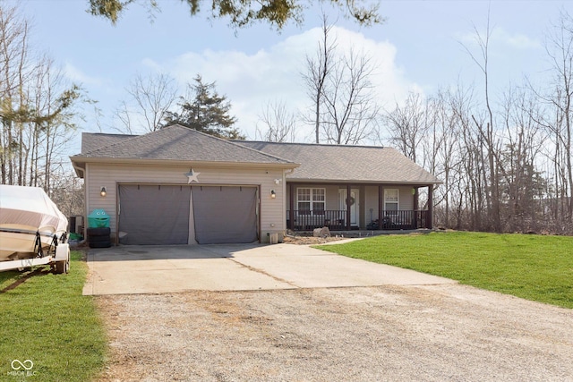 single story home with a shingled roof, a porch, concrete driveway, a front yard, and an attached garage