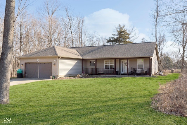 ranch-style house with a front yard, driveway, roof with shingles, an attached garage, and covered porch