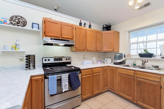 kitchen with electric range, visible vents, under cabinet range hood, a sink, and light countertops