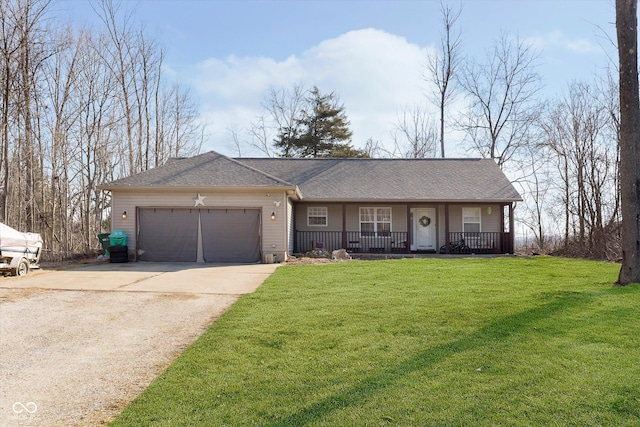 ranch-style home featuring a front yard, driveway, a porch, a shingled roof, and a garage