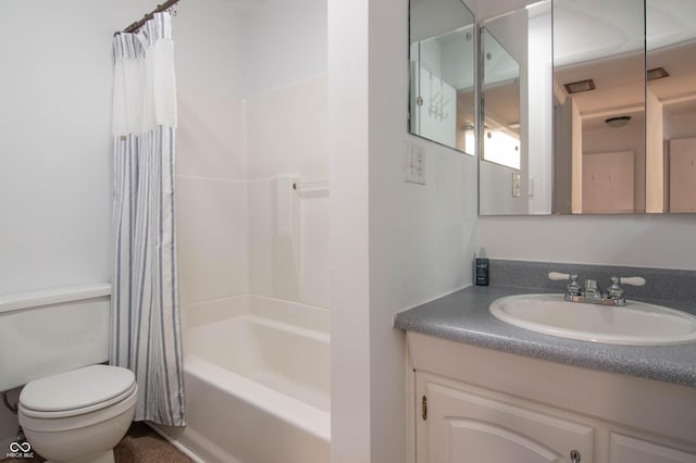 bathroom with vanity, toilet, and shower / bathtub combination with curtain