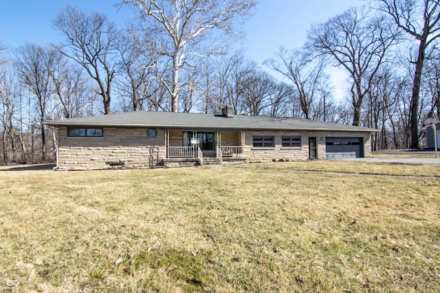 ranch-style house featuring a front lawn, a garage, stone siding, and a chimney