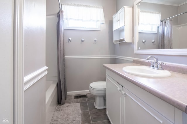 full bath with tile patterned flooring, visible vents, baseboards, toilet, and vanity