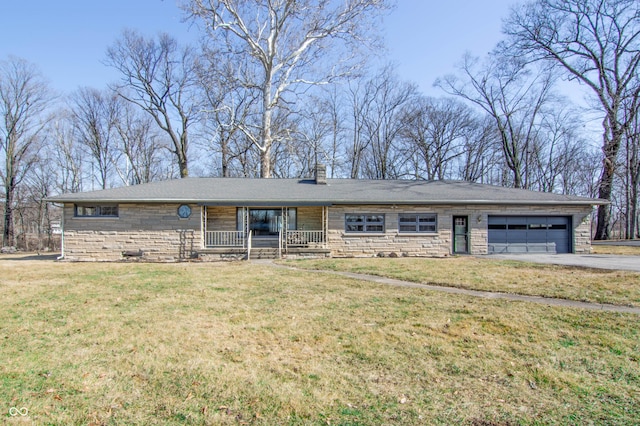 ranch-style home with stone siding, a front lawn, a chimney, and driveway