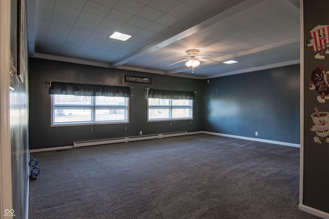 unfurnished room featuring a baseboard heating unit, baseboards, ceiling fan, beam ceiling, and dark colored carpet