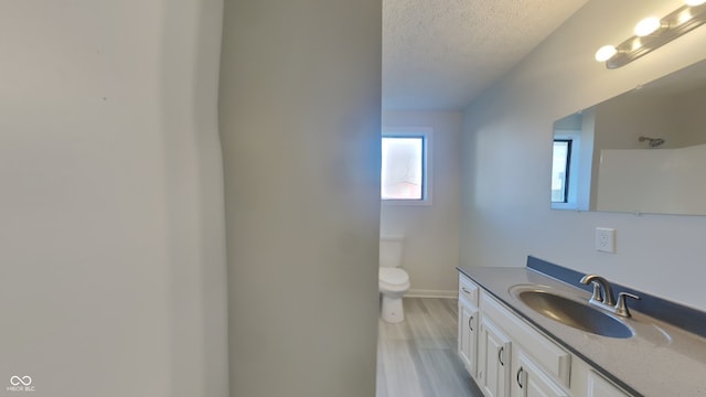 bathroom featuring baseboards, toilet, vanity, wood finished floors, and a textured ceiling