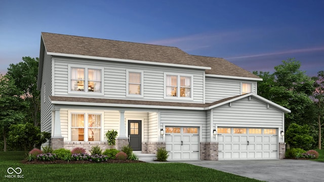 view of front facade with driveway, brick siding, an attached garage, and a shingled roof