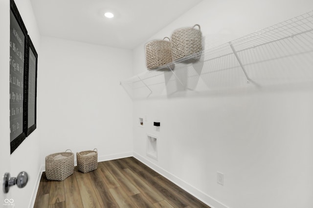 washroom with baseboards, dark wood finished floors, washer hookup, laundry area, and recessed lighting