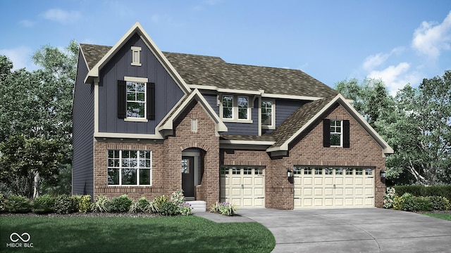 view of front of house featuring a garage, brick siding, concrete driveway, and a front lawn