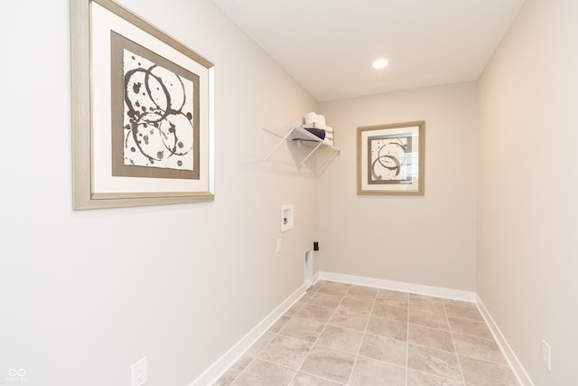 washroom featuring baseboards, washer hookup, light tile patterned floors, laundry area, and recessed lighting