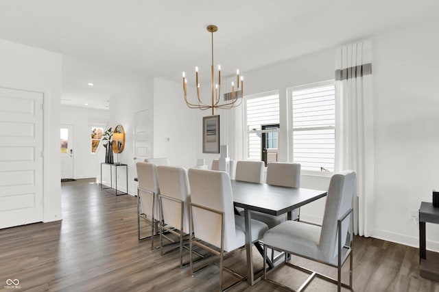 dining area featuring recessed lighting, baseboards, a chandelier, and dark wood-style flooring