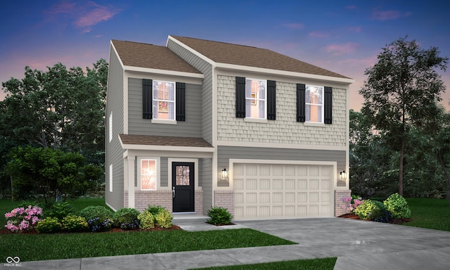 view of front of house with brick siding, an attached garage, concrete driveway, and roof with shingles