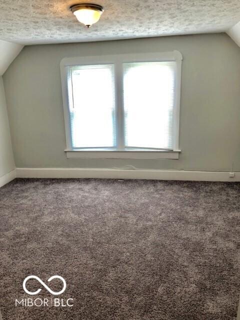 bonus room with vaulted ceiling, carpet, baseboards, and a textured ceiling